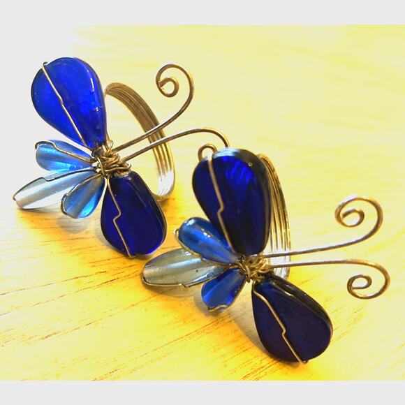 2 Vintage Butterfly Napkin Rings Blue Glass Gems Dragonfly Artsy Boho Pier 1? - Picture 1 of 8